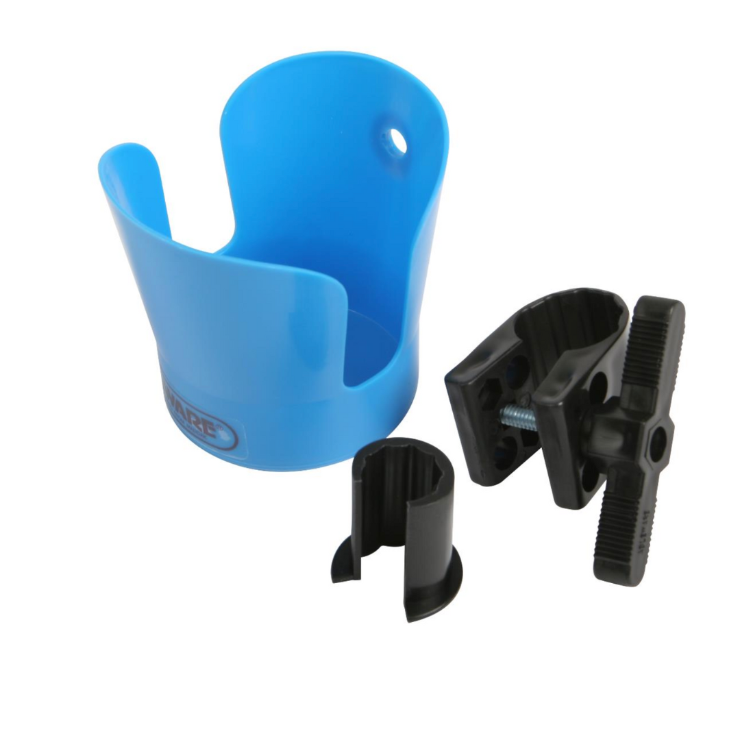 The Medline Universal Cup Holder for Mobility Aids, with durable plastic components and mounting clamps, secures items effectively. Designed like a clamp-on drink holder, it ensures easy installation and versatility.